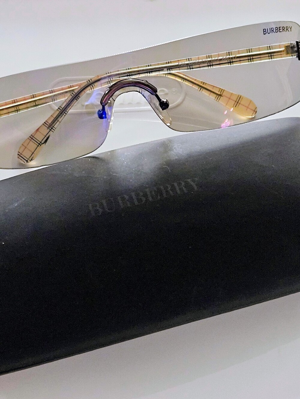 Burberry Rimless Shield Sunglasses Classic Check Tartan Arms & Case - Picture 5 of 10